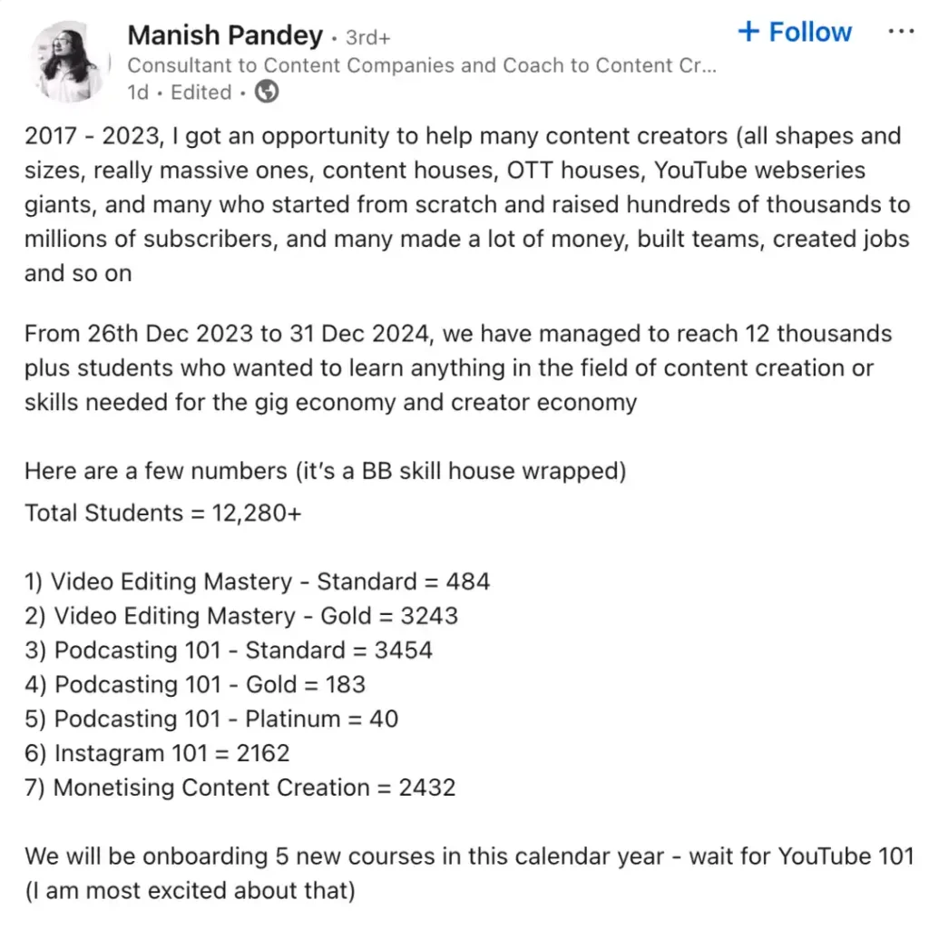 BeerBiceps SkillHouse Co-founder Manish Pandey LinkedIn Post